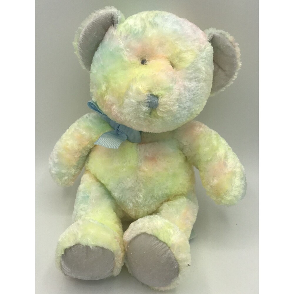 Russ Berrie Boobears Pastel Multi-Color Teddy Plush Blue Ribbon 11”Rattle inside